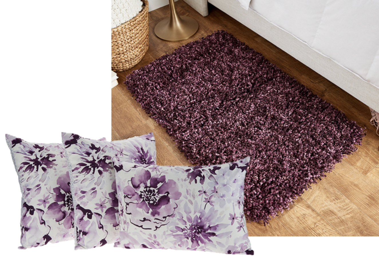 Life-Styled by Stacy Garcia_2020 Mother's Day Gift Guide_Stay by Stacy Garcia Set of 3 Watercolor Floral Pillows and SStay by Stacy Garcia 27" x 45" Space Dye Bubble Shag Accent Rug