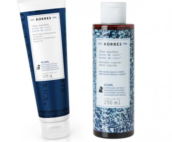 A linha de leite de coco da Korres tem manteiga hidratante corporal (R$ 42) e o sabonete líquido hidratante (R$ 24)