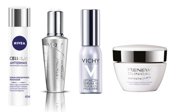 Cellular Serum Concentrado Renovador, da Nivea, tem efeito firmador imediato (R$ 79,20). Vichy Serum 10, da Vichy, é antirrugas, tem efeito lifting e recupera a firmeza e a luminosidade (R$ 175,90); Vichy Serum 10 olhos e cílios, que é um complemento ao Serum 10, também tem efeito lifting e trata simultaneamente as duas áreas, recuperando a firmeza e a luminosidade ao redor dos olhos e fortificando os cílios (R$ 149,90). Renew Clinical Infinite Lift, da Avon, é um sérum de efeito lifting instantâneo pro contorno do rosto com efeito mate (R$ 84,99) 071215-efeito-cinderela-5