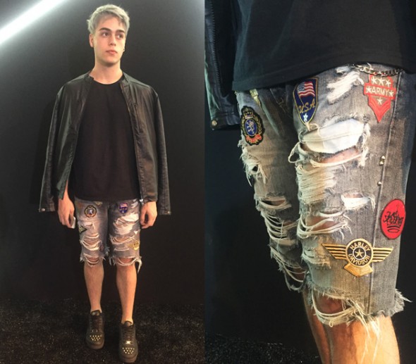 Guilherme Moreira usa jaqueta e bermuda (customizada por ele) da Pool Black e tênis Nike 261016-patch-spfw-4