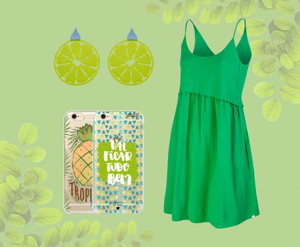 Brinco de limão Mariah Rovery (R$ 198), capinhas da Gocase (de R$ 49,90 até R$ 59,90, dependendo do modelo do celular) e vestido Havaianas (R$ 179,90) 201216-consumo-greenery-11