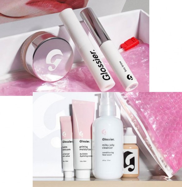 Os kits: a fase 1 (abaixo), de cuidados com a pele - contém sabonete, hidratante, balm e uma base mais leve (US$ 80). A fase 2 (acima) traz um kitzinho de make - o Boy Brow, corretivo e batom (US$ 50) 130117-glossier-11