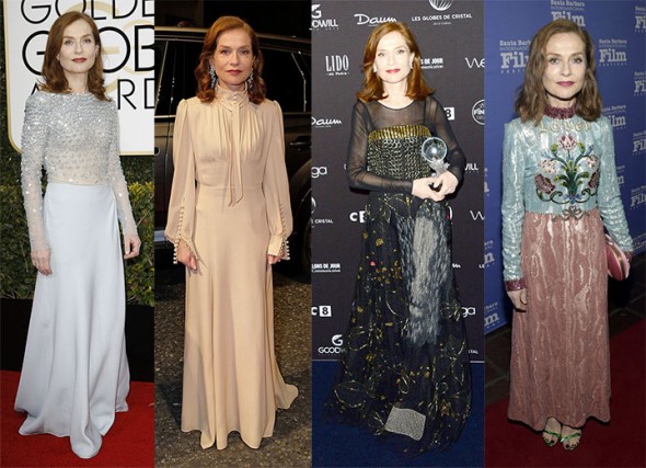 Tem usado bastante vestido nessa temporada de tapete vermelho. Da esq. pra dir.: Armani no Globo de Ouro, Chloè no Bafta, Dior no Prix Lumières e Gucci no Santa Barbara International Film Festival 200217-tapete-vermelho-isabelle-huppert