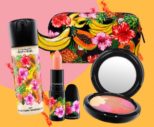 A M.A.C lança a coleção Fruity Juicy com embalagens coloridas com estampa de frutas: Prep+Prime Fix com óleo de coco (R$ 132), batom (R$ 83), bronzer (R$ 149) e bolsinha (R$ 146) 250917-mac