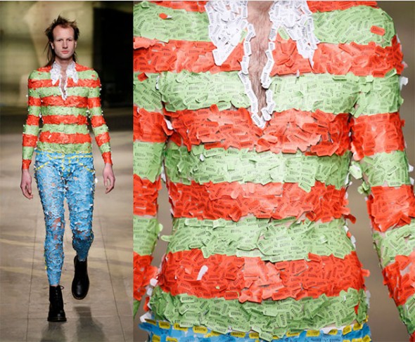Até etiqueta de preço entra na onda... E a produção cria um trompe l'oeil de um look com camisa listrada e jeans! 110118-man-project-07