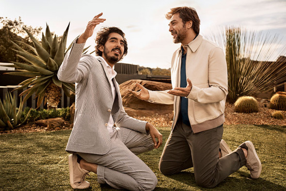 Os dois exibem looks do estilista Alessandro Sartori, que também assina a direção artística da campanha 210218-zegna-dev-patel-javier-barden-05