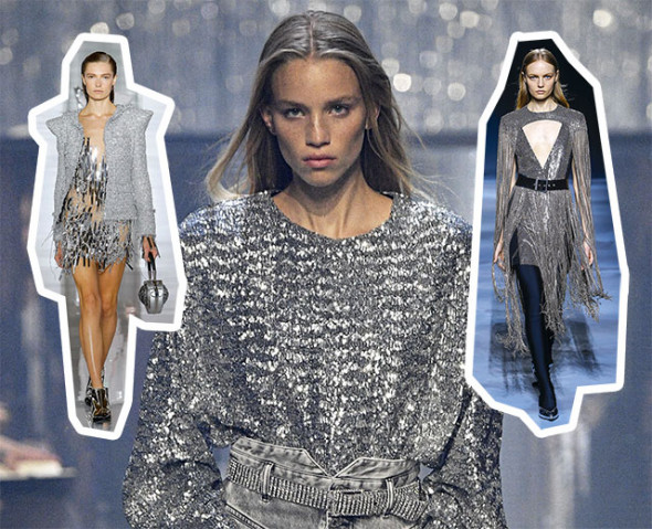Nas passarelas internacionais de primavera-verão 2019, o prata domina: da esq. pra dir., Balmain, Isabel Marant e Givenchy 151018-globo-de-prata-balmain-isabel-givenchy