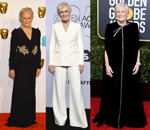Glenn Close de Alexander McQueen (na esq.), de Ralph Lauren (no centro) e de Armani (na dir.). A gente não recomenda o preto - a última vez que uma atriz ganhou na categoria principal usando um look preto foi em 2009... Kate Winslet, aliás, tava usando preto com um degradê cinza. Era Saint Laurent! 190219-oscar-glenn-close