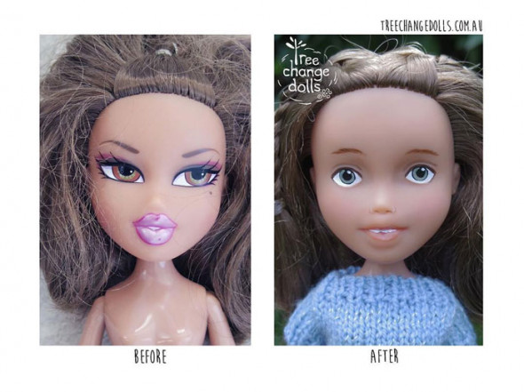 Sonia repara bonecos que foram descartados, tirando toda sua maquiagem e refazendo cabelo e roupas pra ficarem mais próximos à realidade das crianças 210319-boneca-tree-change-dolls02