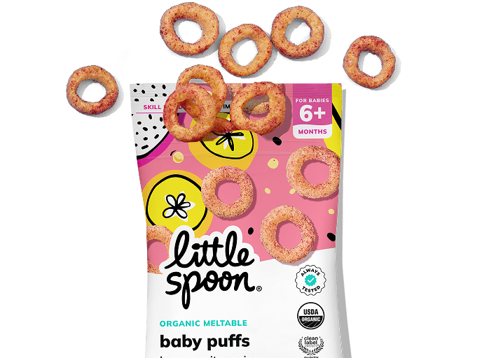 A bag of Little Spoon Organic Banana Pitaya Rings Baby Puffs.