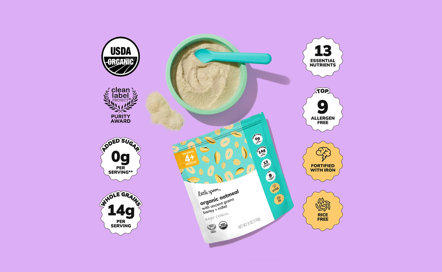Little Spoon Organic Oatmeal baby cereal packaging on a light blue background, labeled for 4+ months with benefits like USDA Organic, 0g added sugar, 14g whole grains, and allergen-free.
