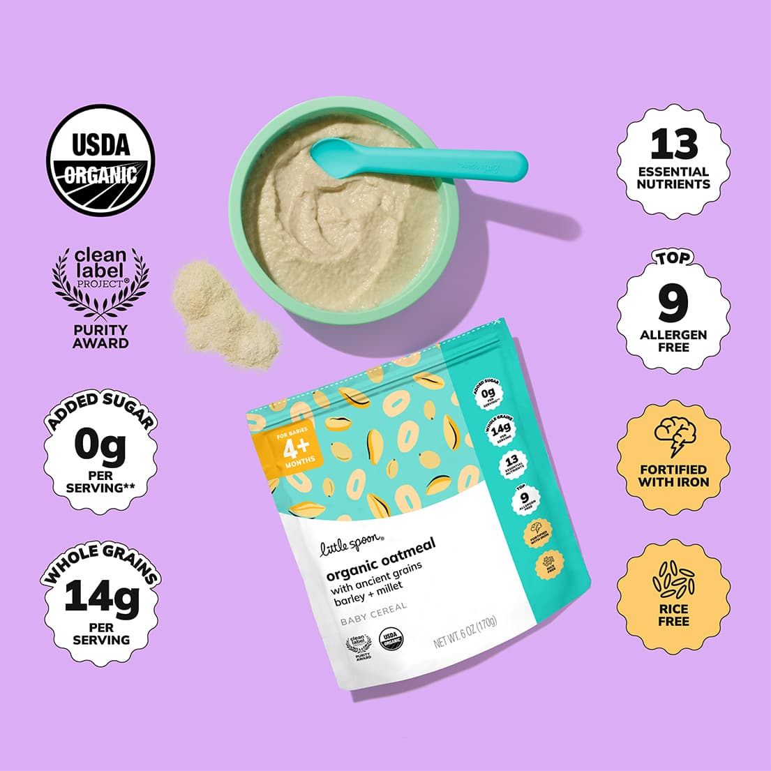 Little Spoon Organic Oatmeal baby cereal packaging on a light blue background, labeled for 4+ months with benefits like USDA Organic, 0g added sugar, 14g whole grains, and allergen-free.