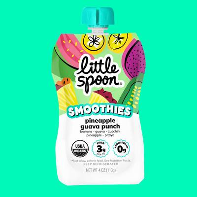 A Little Spoon Smoothies pouch in the flavor Pineapple Guava Punch on a green background