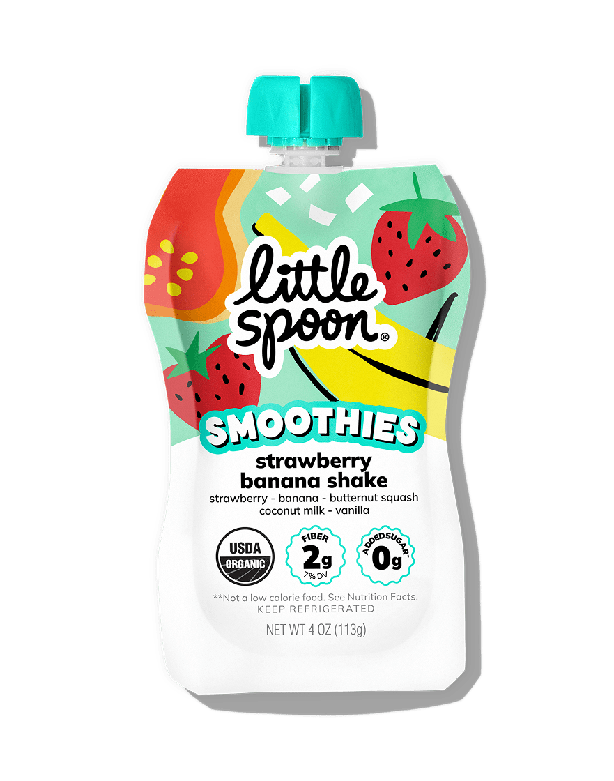 A Little Spoon Strawberry Banana Shake Smoothie pouch.
