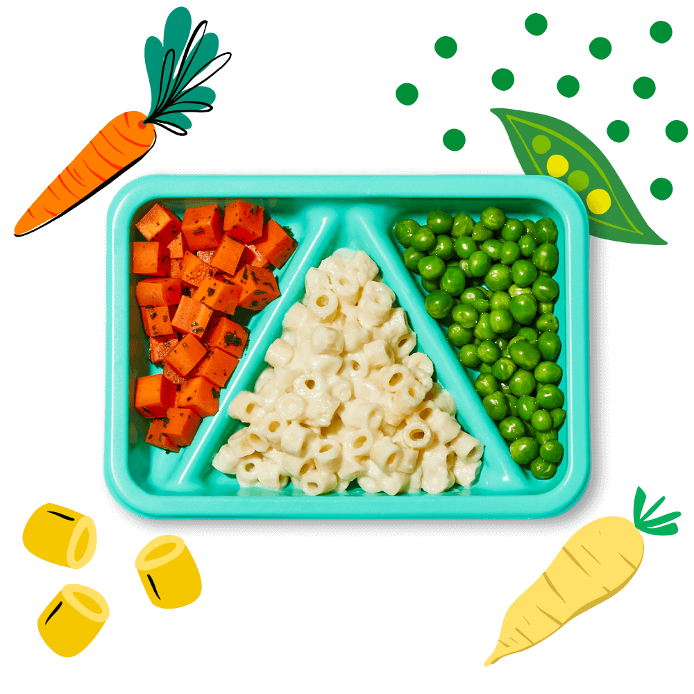 Open Mini White Mac and Cheese Biteables meal with illustrations of bite-sized pasta, carrot, parsnip and peas.