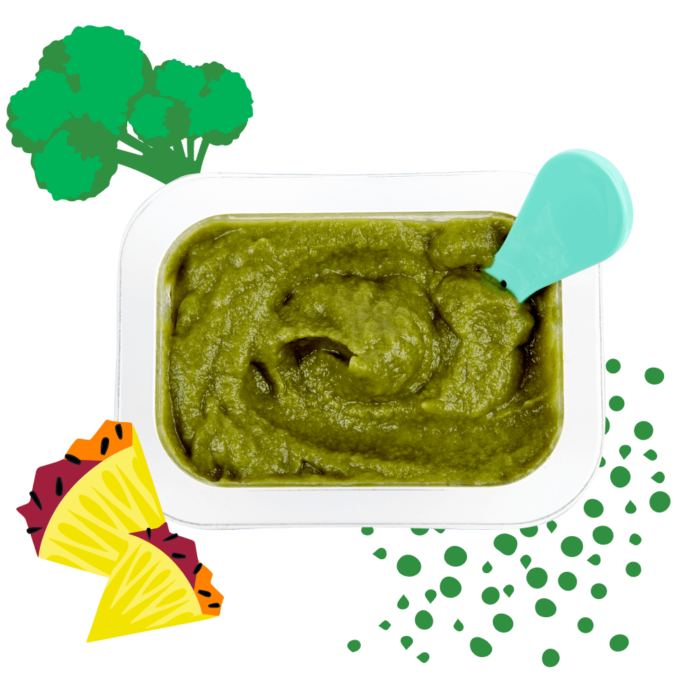 Open Tropical Greens Bowl Babyblend puree with illustrations of broccoli, pineapple and hemp seeds.