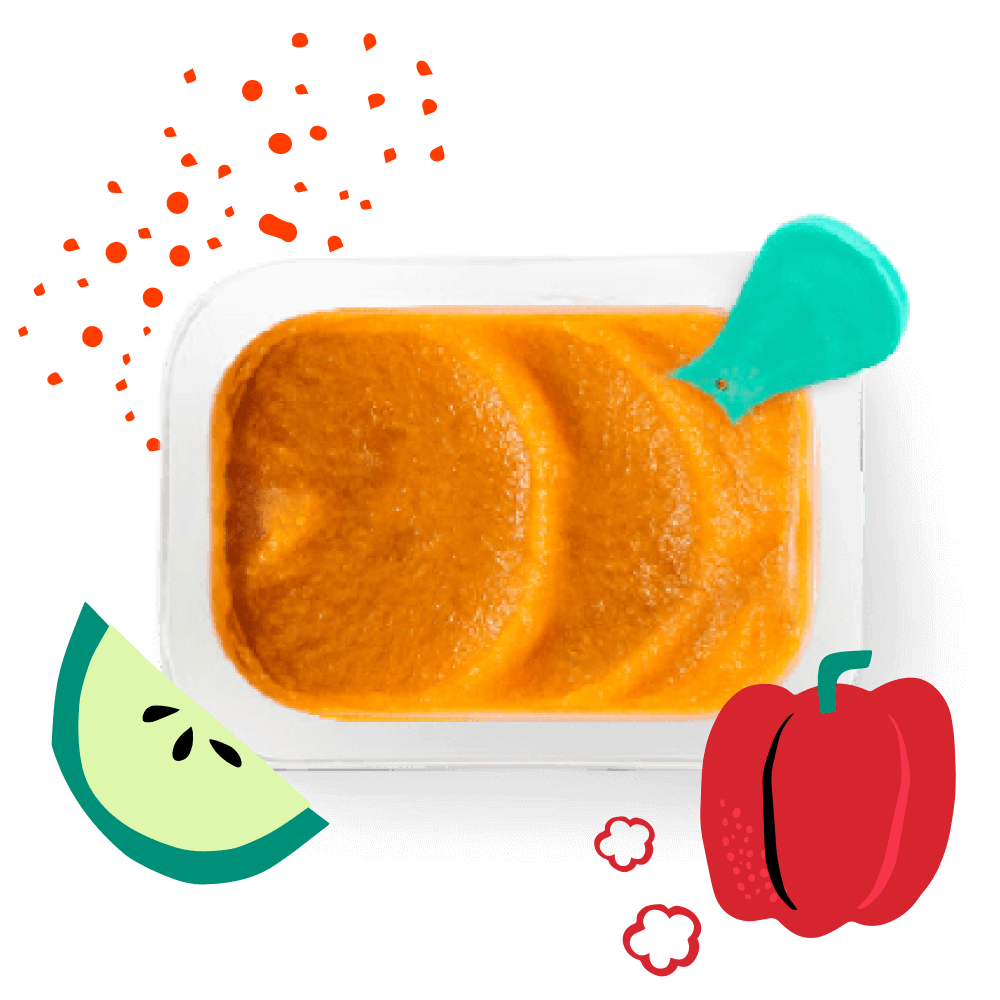 Open Turmeric Sweet Potato Bell Pepper Soup Babyblend puree with illustrations of apple, red bell pepper, and turmeric.