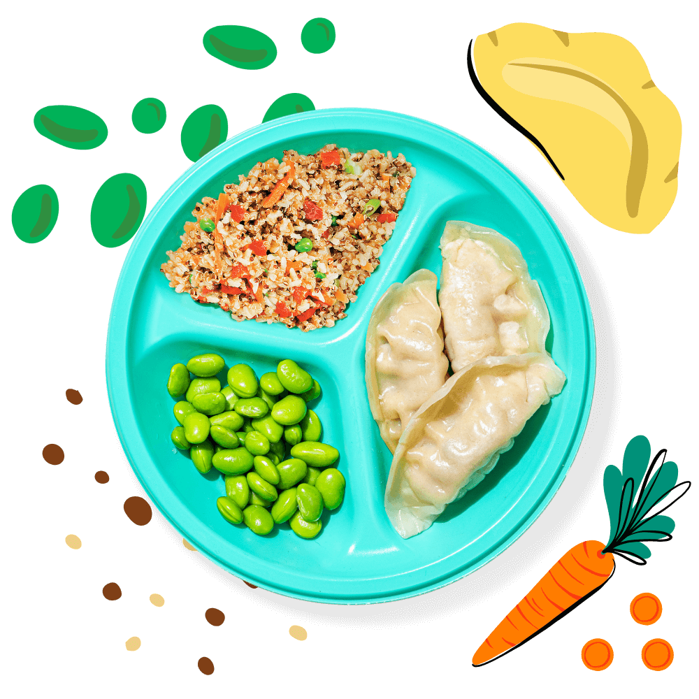 Open Chicken Pot Stickers Plate with illustrations of peas, pot sticker, carrots and quinoa.
