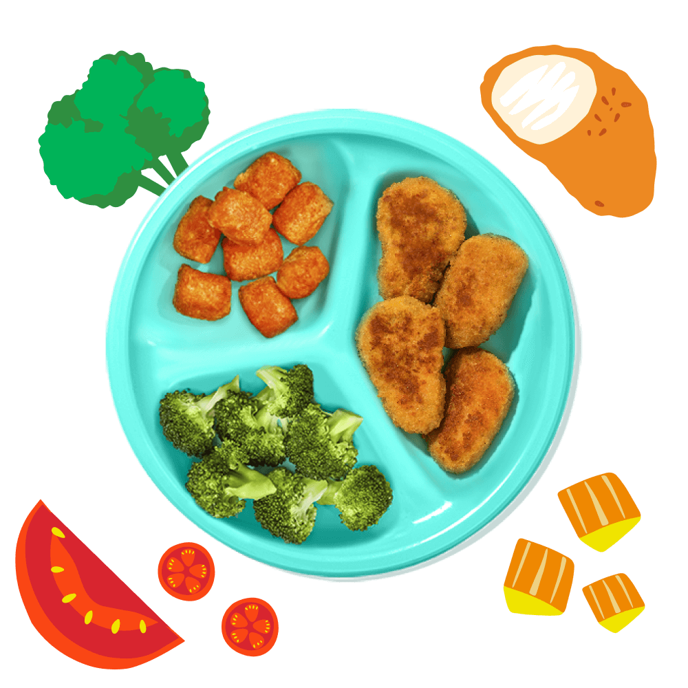 Open Chicken Super Nuggets Plate with illustrations of chicken nugget, broccoli, tomatoes, and sweet potatoes.