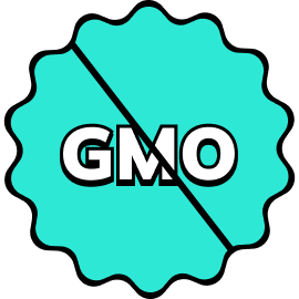 Text: GMO crossed out by a diagonal line, inside a teal circular background with a scalloped edge.
