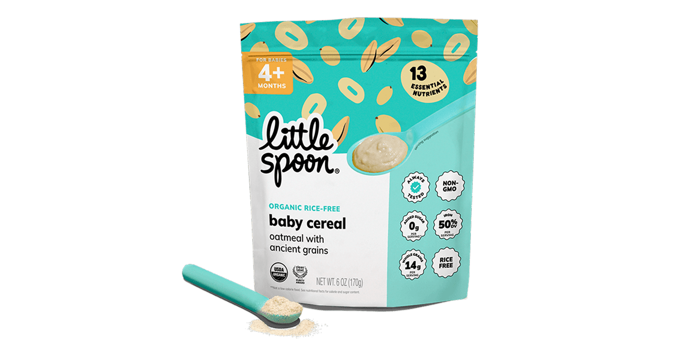 A bag of Little Spoon Organic Oatmeal Baby Cereal.