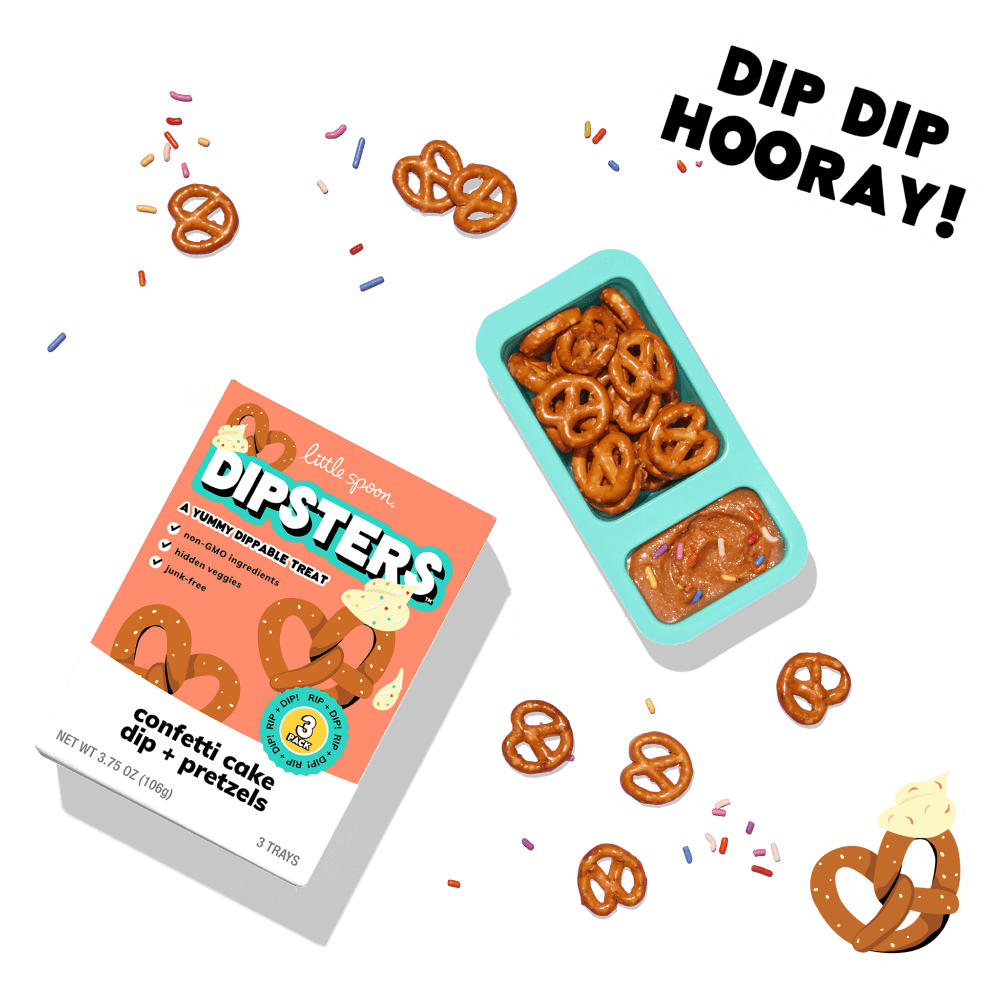 Dip Dip Hooray! Box and open pack of Confetti Cake Dip and Pretzels Dipsters with illustrations of pretzels and sprinkles.