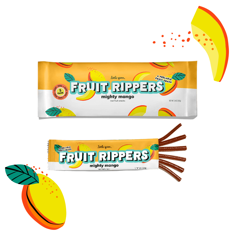 Open and closed bag of Mighty Mango Fruit Rippers with illustrations of mangos.