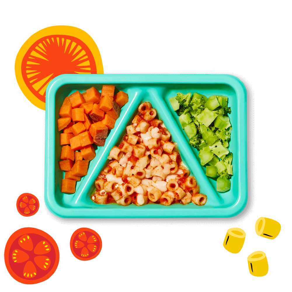 Open Mini Cheesy Pasta Biteables meal with illustrations of bite-sized pasta, tomatoes and sweet potatoes.