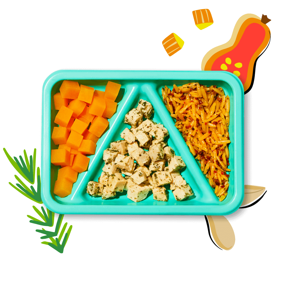 Open Rosemary Chicken Biteables meal with illustrations of butternut squash, rosemary herb and shallots.