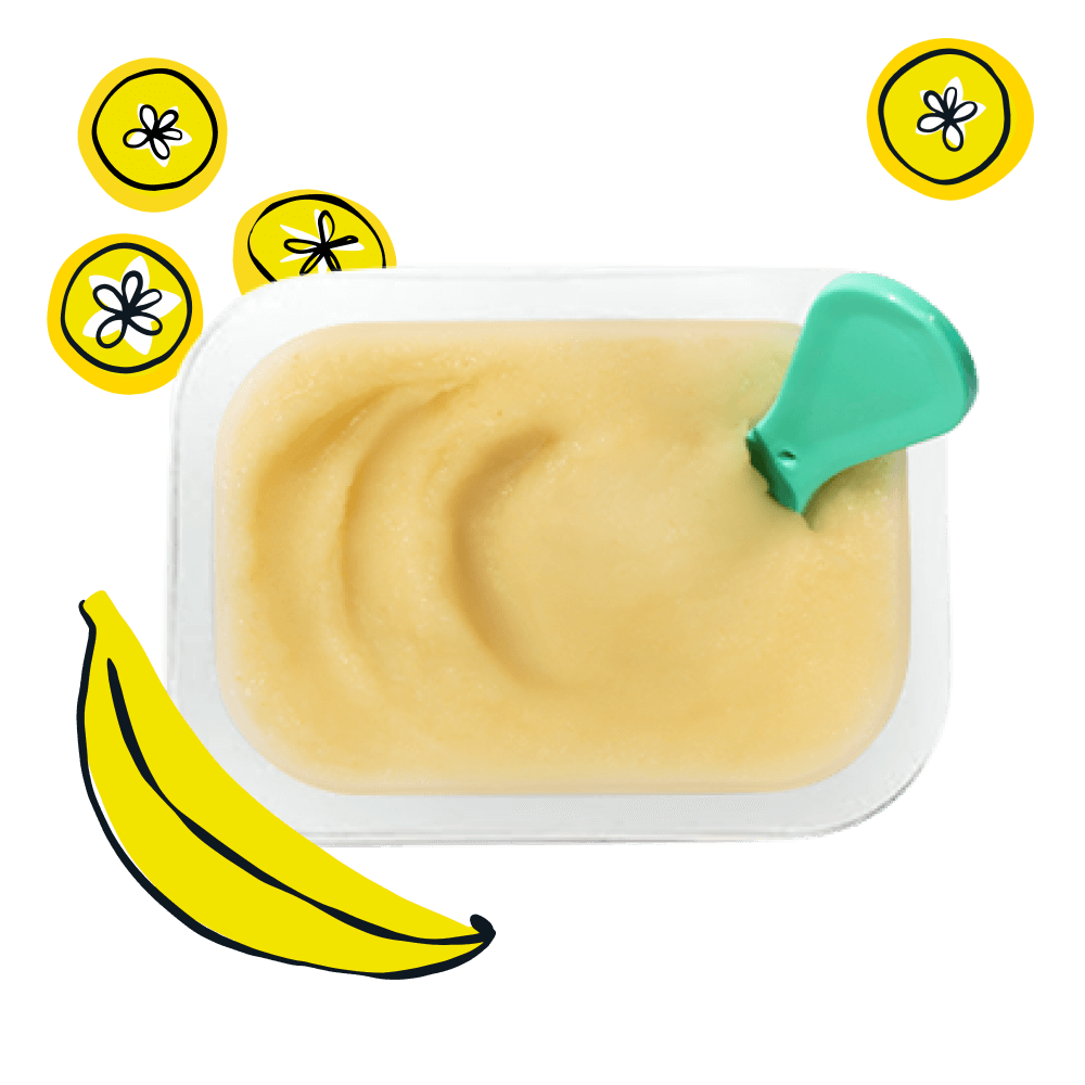 Open Banana Babyblend puree with illustrations of bananas.