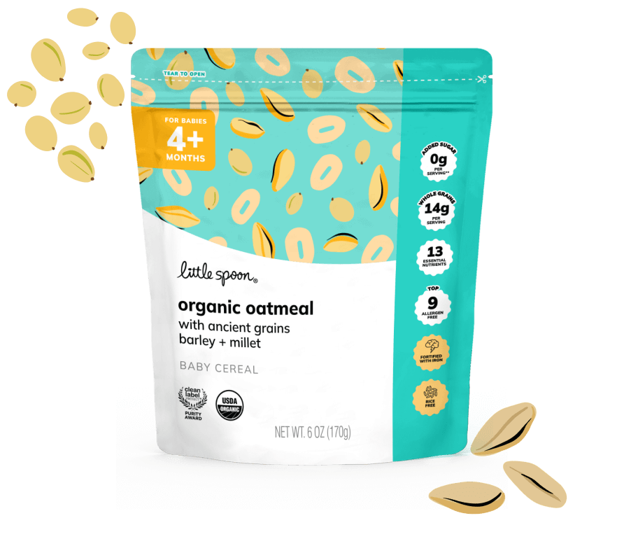 Closed bag of Oatmeal Baby Cereal with illustrations of grain barley and millet.