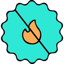 Orange flame crossed out with a diagonal line, inside a teal circular background with a scalloped edge.