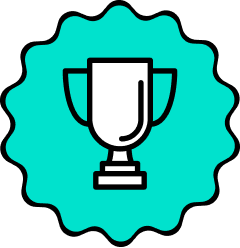 Trophy inside a teal circular background with a scalloped edge.