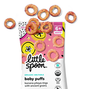 A bag of Little Spoon Organic Banana Pitaya Rings Baby Puffs.