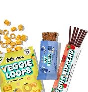 A variety of Little Spoon snacks, including a bag of Veggie Loops, an Oat Bar, and a Fruit Ripper.