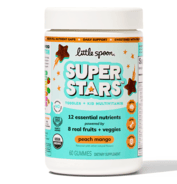 A bottle of Little Spoon Super Stars Toddler + Kid Multivitamin gummies in peach mango.