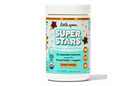 A bottle of Little Spoon Super Stars Toddler + Kid Multivitamin gummies in peach mango.
