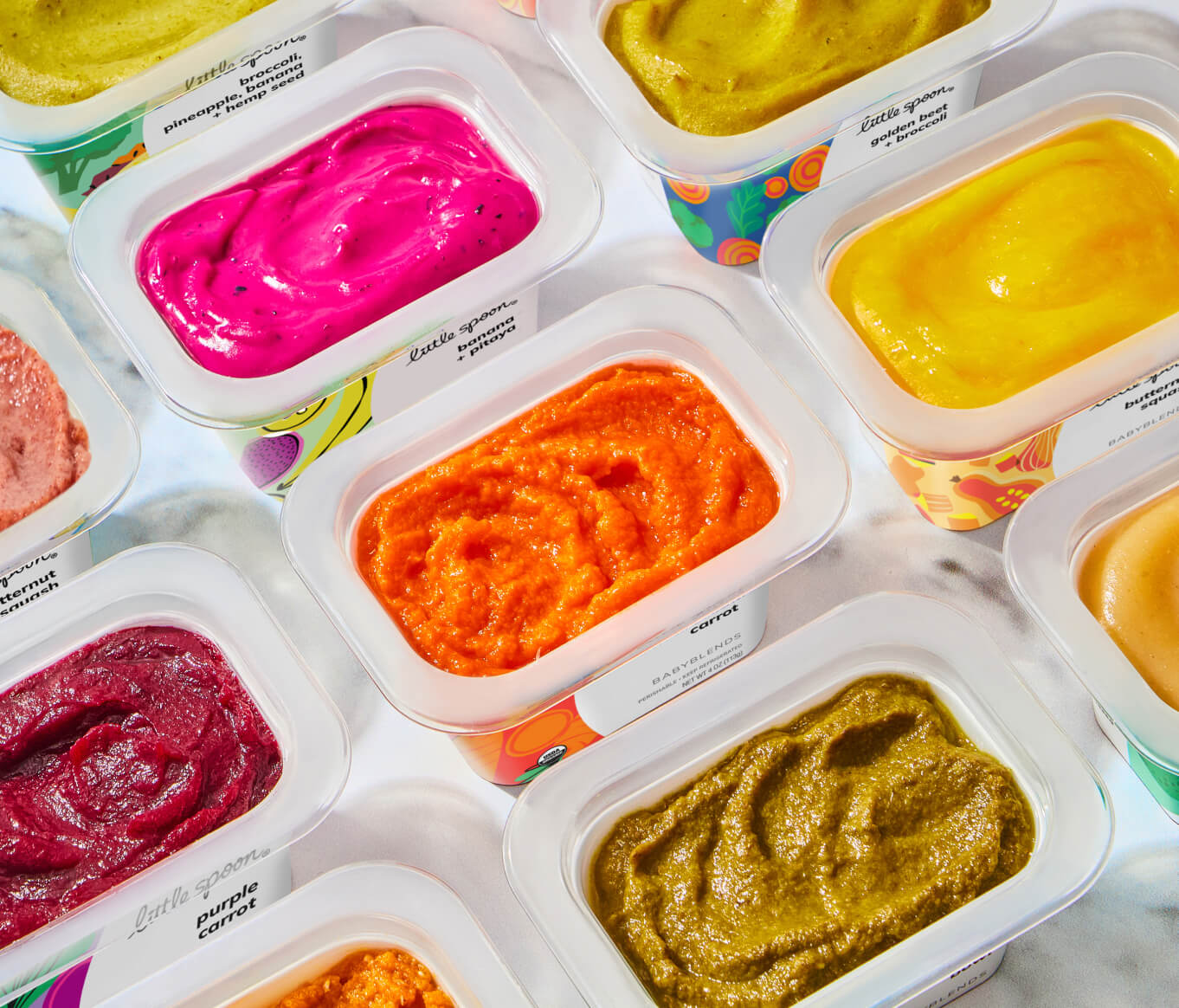 A colorful assortment of Little Spoon's baby purees.