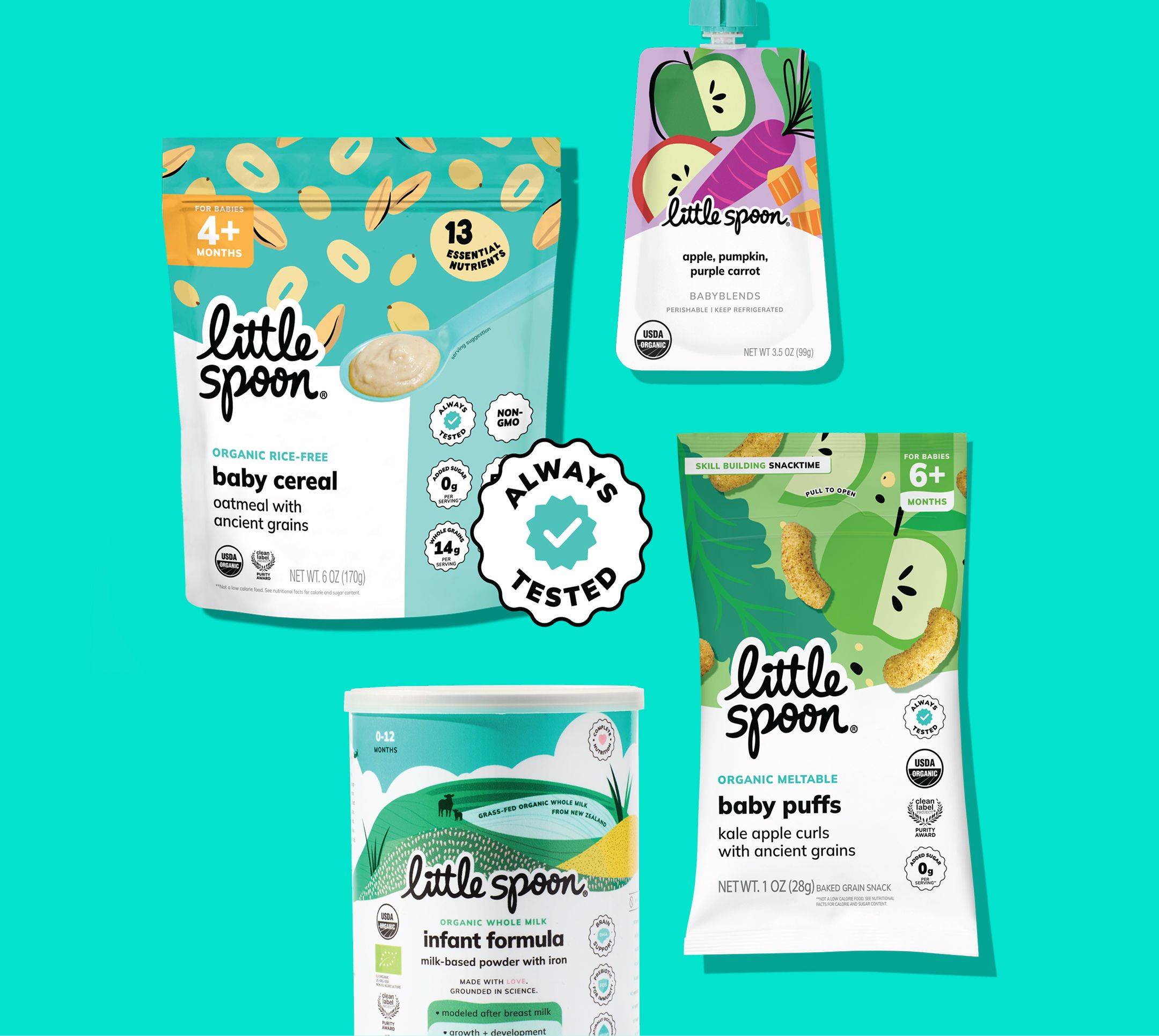 Little Spoon products with Always Tested seal including baby cereal, babyblends, baby puffs, and infant formula