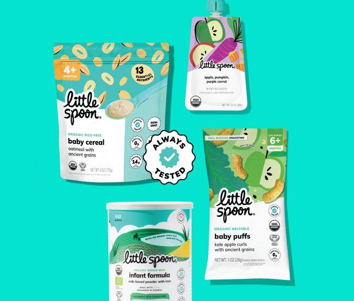 Little Spoon products with Always Tested seal including baby cereal, babyblends, baby puffs, and infant formula