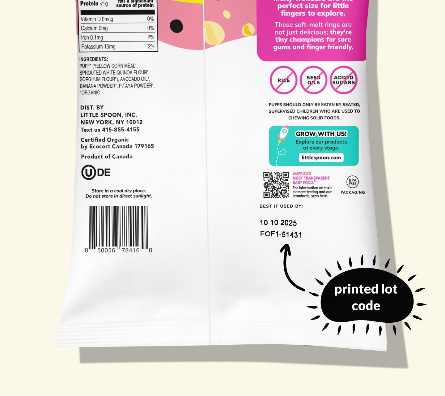 Back of a Little Spoon Puffs bag showing the printed lot code above the barcode, with a label pointing to the lot code.