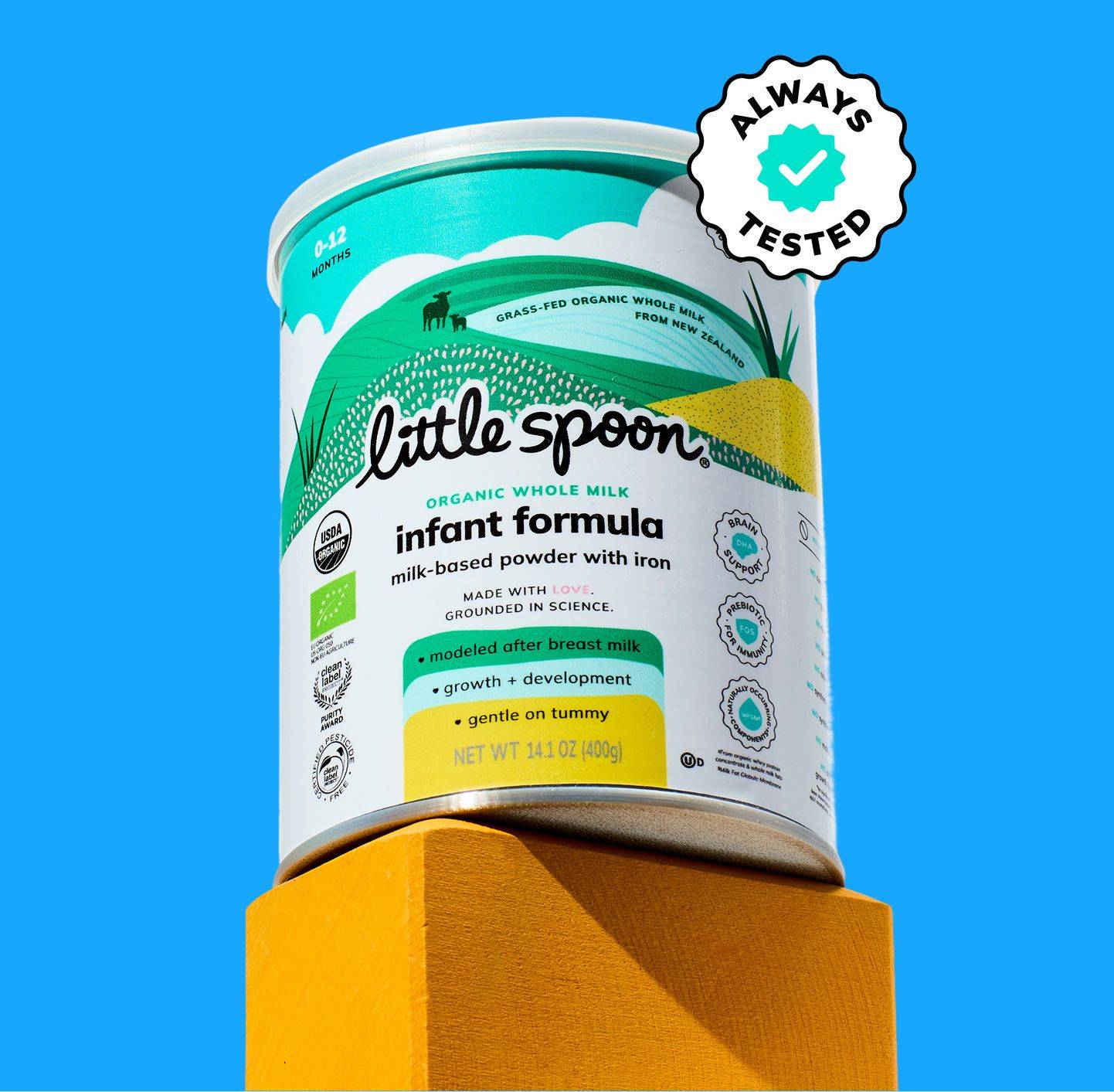 Little Spoon infant formula can with Always Tested seal