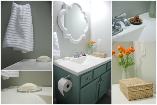 small bathroom makeover reveal benjamin moore moonshine olympic footpath quatrefoil mirror target threshold moen