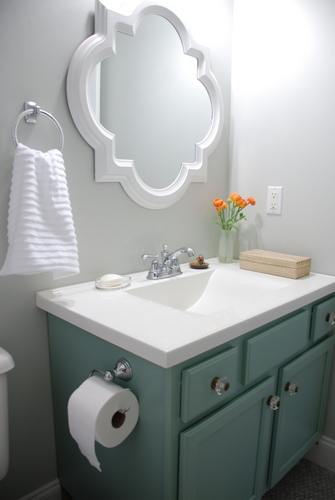 small bathroom makeover reveal benjamin moore moonshine olympic footpath quatrefoil mirror target threshold moen preston delta sentiment