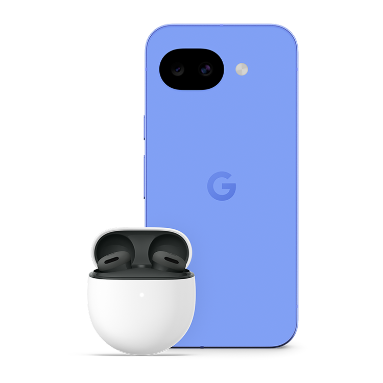 Blue Pixel 10a and white Pixel Buds 2a