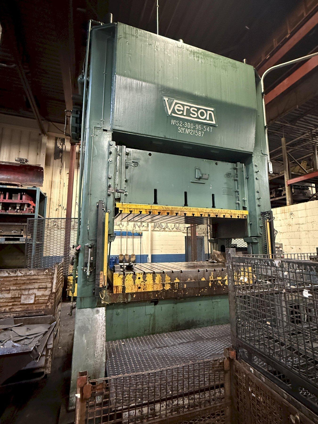300-ton Verson Straight Side Mechanical Stamping Press For Sale. Model S2-300-96-54t, In Operati