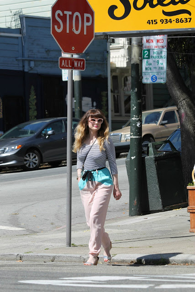Cotton Candy Bubble Gum, Stella McCartney, pink sunglasses, H&M, stripe shirt, Finders Keepers, rayon pants, Sam Edelman, wedge sandals, Michael Kors, gold watch, Prada, crossbody bag