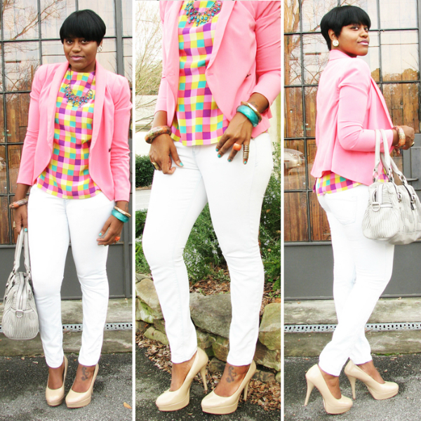 [multi-color] checkered blouse, #thrifted #vintage #look #outfit #pink #checker #blazer