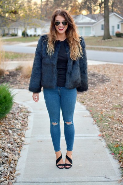 Navy Faux Fur. , h&m, navy, blue, faux fur, jacket, faux fur jacket, blank NYC, destroyed denim