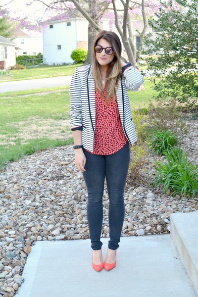 Striped Blazer + Bright Pumps., coral, stripes, prints, nordstrom, target, target style, print mixing, quay
